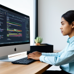 A focused female web developer, fully clothed in a modest professional-casual shirt and dark pants, sits at a modern, clean desk in a brightly lit, minimalist office. She is looking intently at a large monitor displaying complex code and a visual representation of a website's "bundle size" shrinking rapidly. On her desk are a sleek laptop and a cup of coffee. The overall atmosphere is calm and productive, emphasizing efficiency and optimization. The image is a professional photograph, high quality, safe for work, appropriate content, perfect anatomy, natural pose, correct proportions, well-formed hands, proper finger count, natural body proportions, family-friendly.