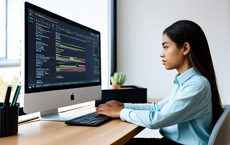 A focused female web developer, fully clothed in a modest professional-casual shirt and dark pants, sits at a modern, clean desk in a brightly lit, minimalist office. She is looking intently at a large monitor displaying complex code and a visual representation of a website's "bundle size" shrinking rapidly. On her desk are a sleek laptop and a cup of coffee. The overall atmosphere is calm and productive, emphasizing efficiency and optimization. The image is a professional photograph, high quality, safe for work, appropriate content, perfect anatomy, natural pose, correct proportions, well-formed hands, proper finger count, natural body proportions, family-friendly.