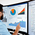 A diverse team of professional software developers and UX/UI designers, dressed in modest business casual attire, fully clothed, are collaboratively analyzing performance metrics on a large interactive display in a modern, brightly lit open-plan office. One person points to a detailed graph on the screen, while others observe intently, some with laptops open. The contemporary office space features natural light, clean desks, and digital displays. Professional photography, high-resolution, perfect anatomy, correct proportions, natural poses, well-formed hands, proper finger count, safe for work, appropriate content, family-friendly.