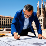 **

A professional architect, fully clothed in appropriate attire (business casual with a blazer), reviewing blueprints on a construction site in Barcelona. Safe for work, appropriate content, perfect anatomy, natural proportions, professional photography, high quality, bright daylight.

**