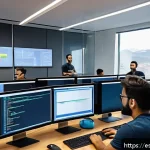 자바스크립트 성능 개선을 위한 코드 품질 검사 - A modern software development office scene showing a diverse team of developers collaborating around...