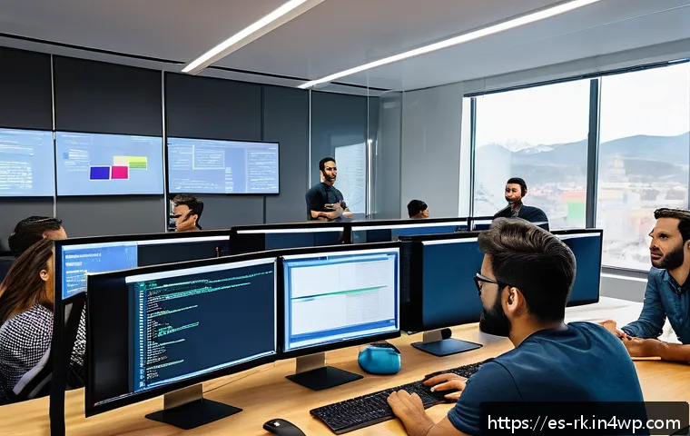 자바스크립트 성능 개선을 위한 코드 품질 검사 - A modern software development office scene showing a diverse team of developers collaborating around...