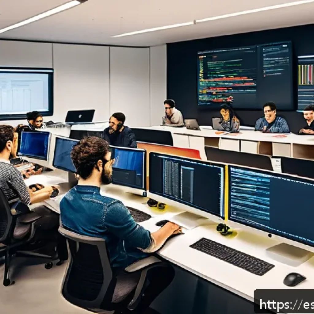 자바스크립트 성능 분석을 위한 프로파일링 도구 - A modern workspace scene showing a diverse team of software developers collaborating around a large ...
