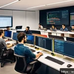 자바스크립트 성능 분석을 위한 프로파일링 도구 - A modern workspace scene showing a diverse team of software developers collaborating around a large ...
