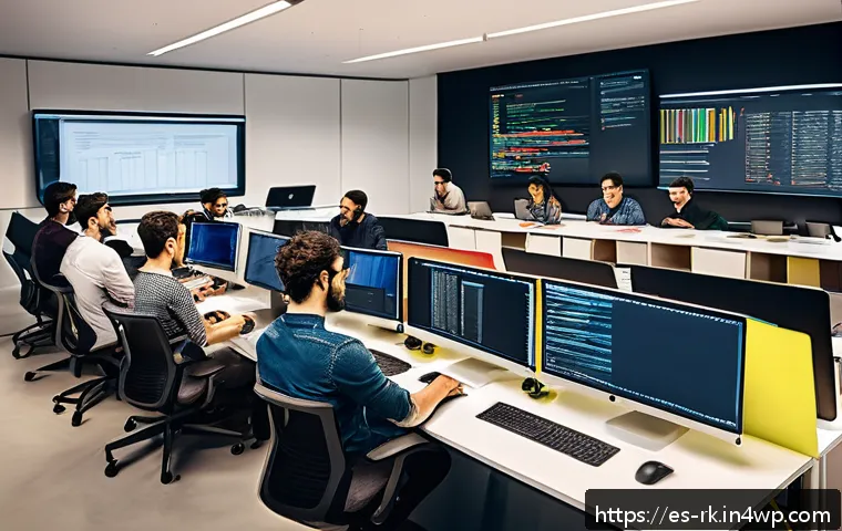 자바스크립트 성능 분석을 위한 프로파일링 도구 - A modern workspace scene showing a diverse team of software developers collaborating around a large ...