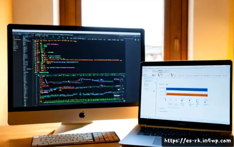 Home 17 자바스크립트 AJAX 요청 성능 개선 전략 - Photorealistic modern software developer workspace in Madrid, Spain, showing a focused programmer op...
